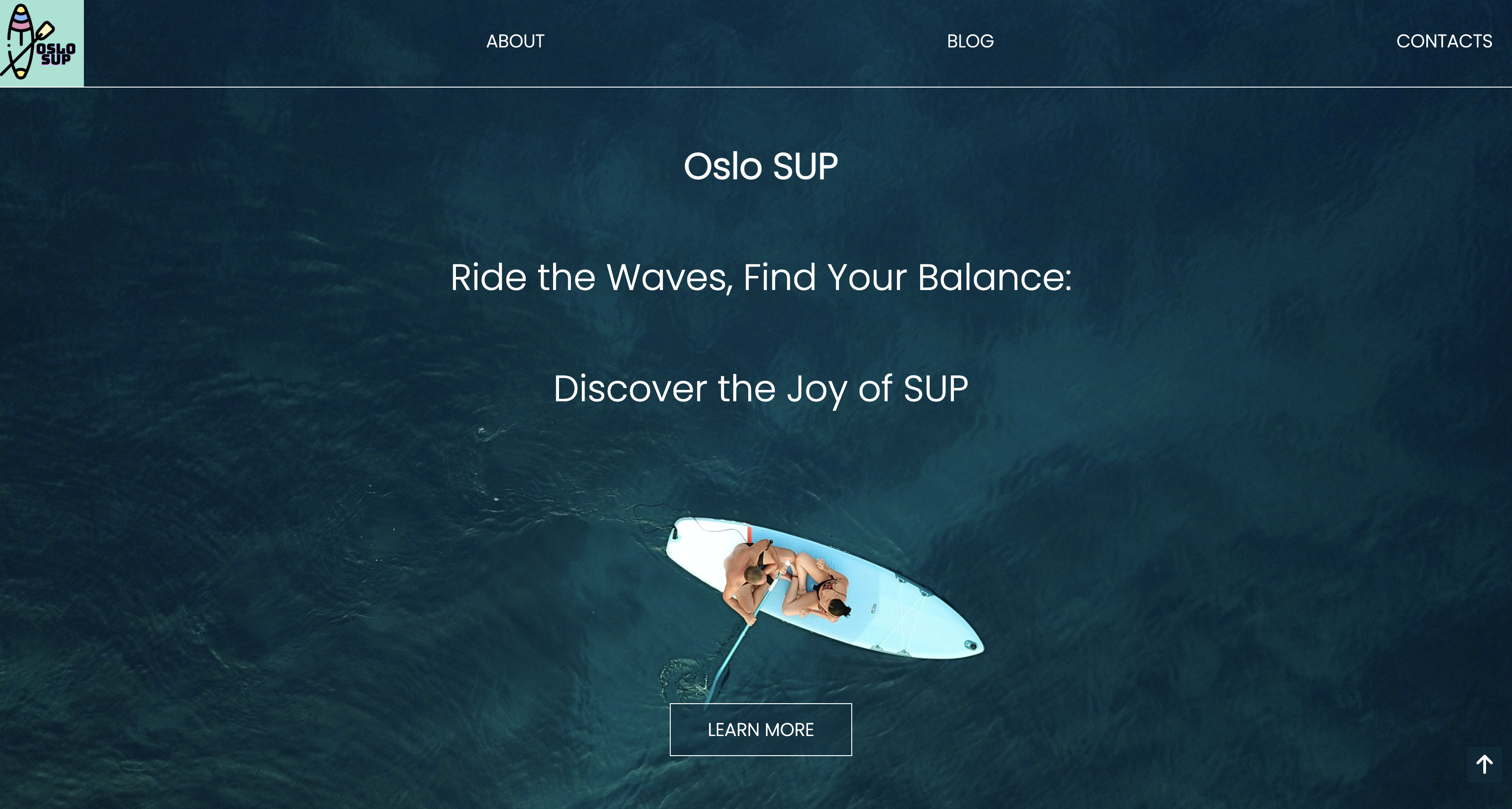 a screenshot of the OsloSup blog home page showing a couple on a sup in an ocean