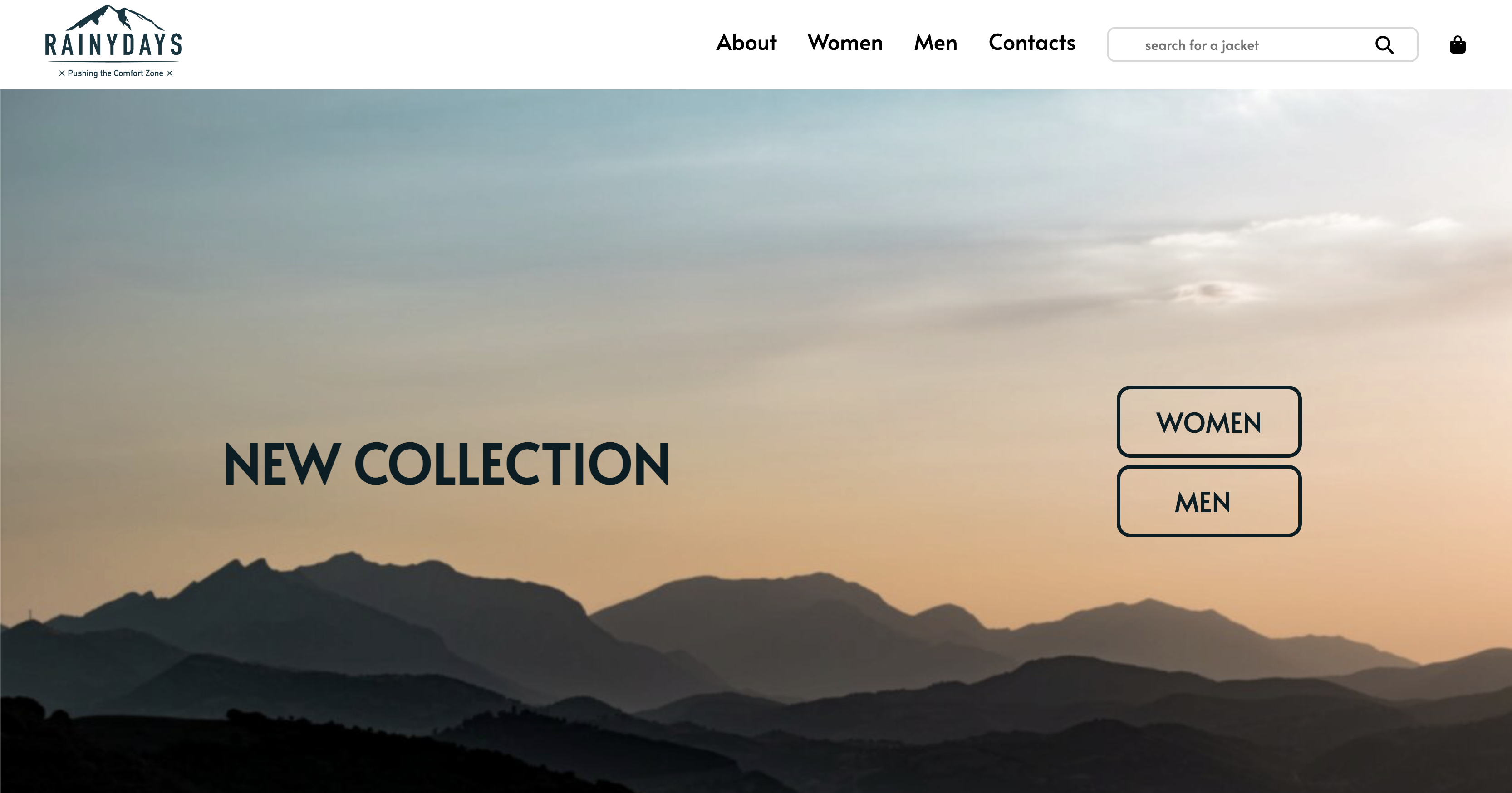 a screenshot of the home page to the Rainydays website showing mountains in the distance